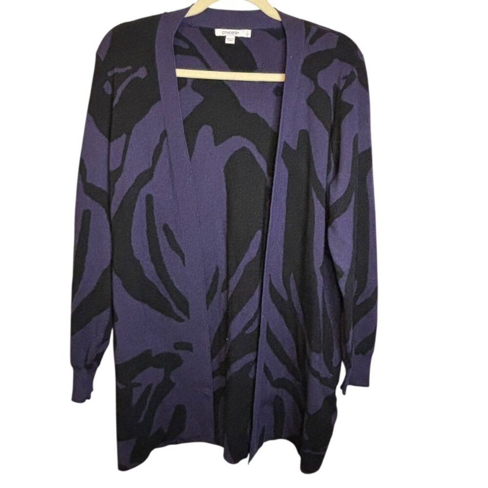 Chico's Sweater Women's‎ Medium Cardigan Abstract Office Black Purple Chicos 1